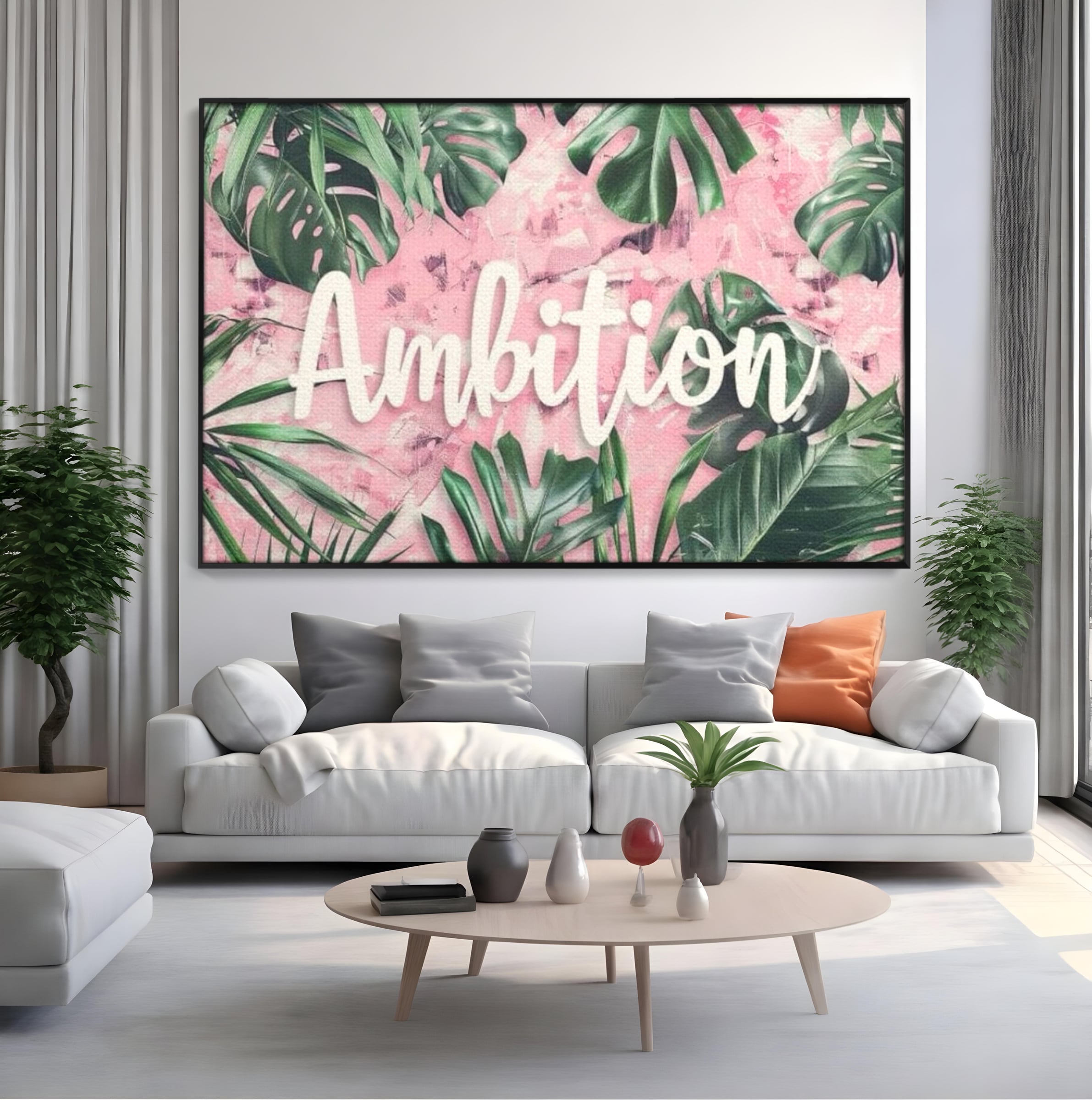 Tablou canvas cu tablou canvas cu frunze tropicale si text, in rama de aluminiu negru, pe perete intr-un living